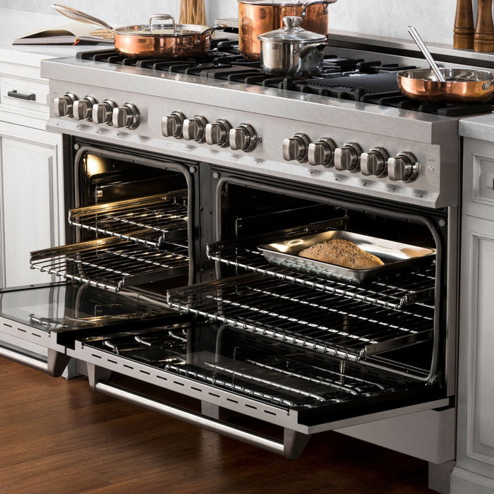 ZLINE 60 in. Professional Gas Burner, 7.6 cu. ft. Electric Oven In DuraSnow Stainless and Brass Burner Set RAS-SN-BR-60