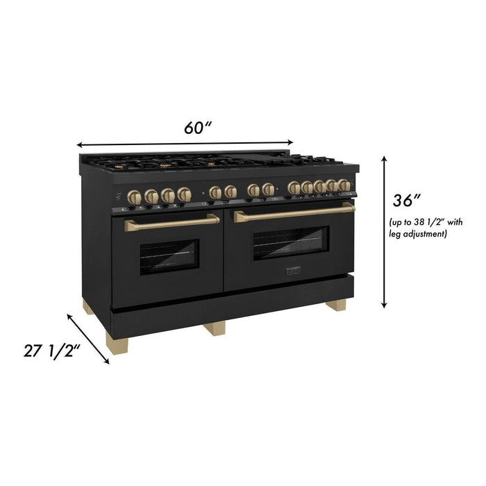 ZLINE 60 Inch Autograph Edition Dual Fuel Range In Black Stainless Steel with Champagne Bronze Accents RABZ-60-CB