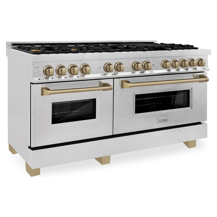 ZLINE 60 Inch Autograph Edition Dual Fuel Range in DuraSnow Stainless Steel with Champagne Bronze Accents, RASZ-SN-60-CB