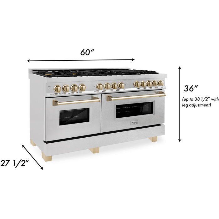 ZLINE 60 Inch Autograph Edition Dual Fuel Range in DuraSnow® Stainless Steel with Gold Accents, RASZ-SN-60-G