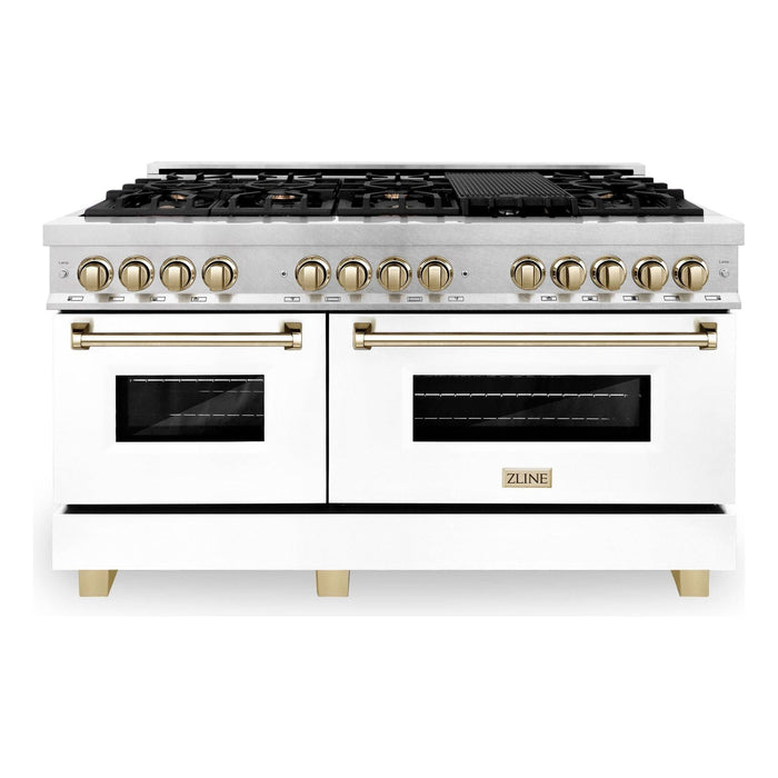 ZLINE 60 Inch Autograph Edition Dual Fuel Range in DuraSnow® Stainless Steel with White Matte Door and Gold Accents, RASZ-WM-60-G