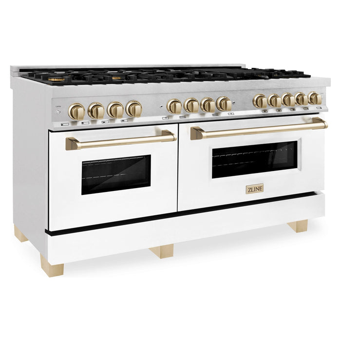 ZLINE 60 Inch Autograph Edition Dual Fuel Range in DuraSnow® Stainless Steel with White Matte Door and Gold Accents, RASZ-WM-60-G