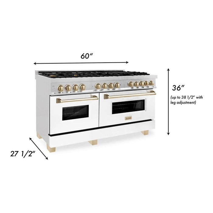 ZLINE 60 Inch Autograph Edition Dual Fuel Range in DuraSnow® Stainless Steel with White Matte Door and Gold Accents, RASZ-WM-60-G