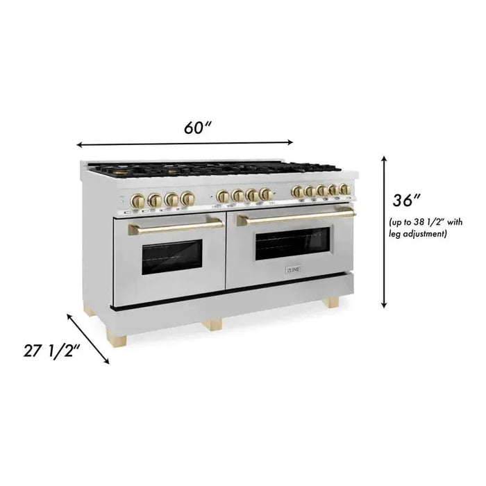 ZLINE 60 Inch Autograph Edition Dual Fuel Range In Stainless Steel with Gold Accents RAZ-60-G