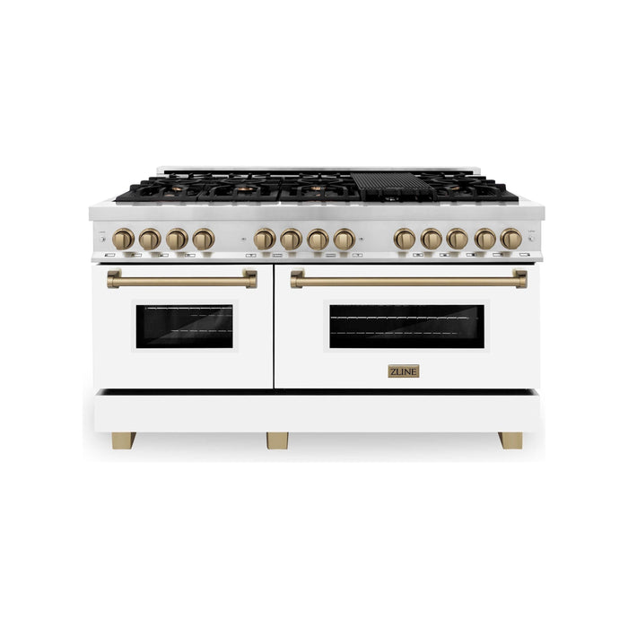 ZLINE 60 Inch Autograph Edition Dual Fuel Range In Stainless Steel with White Matte Door and Champagne Bronze Accents RAZ-WM-60-CB