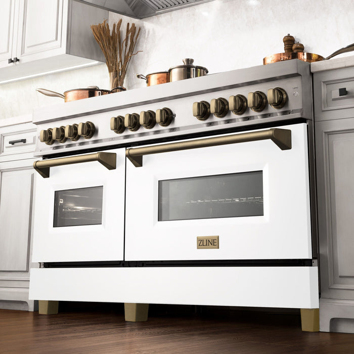 ZLINE 60 Inch Autograph Edition Dual Fuel Range In Stainless Steel with White Matte Door and Champagne Bronze Accents RAZ-WM-60-CB