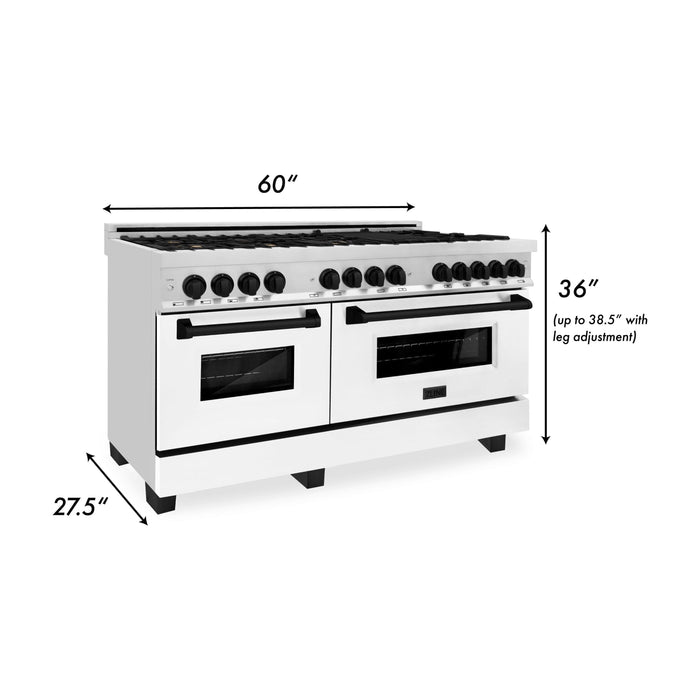 ZLINE 60 Inch Autograph Edition Dual Fuel Range In Stainless Steel with White Matte Door and Matte Black Accents RAZ-WM-60-MB