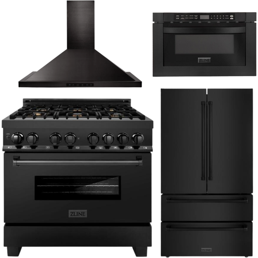 ZLINE Appliance Bundle - 36 in. Dual Fuel Range, Range Hood, Microwave Drawer, Refrigerator in Black Stainless, Bundle-4KPR-RABRH36-MW