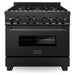 ZLINE Appliance Bundle - 36 in. Gas Range, Range Hood, Microwave Drawer, Refrigerator in Black Stainless, Bundle-4KPR-RGBRH36-MW