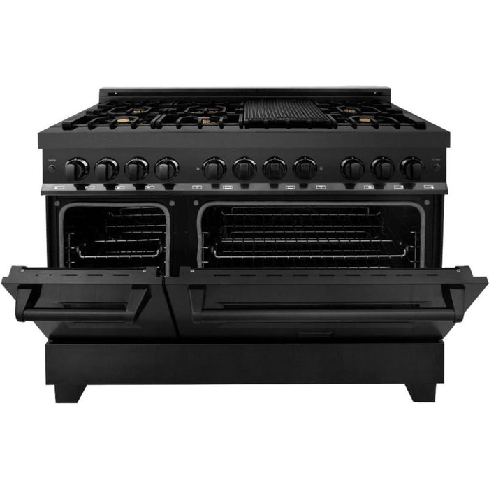 ZLINE Appliance Bundle - 48 in. Dual Fuel Range, Range Hood, Microwave Drawer, Refrigerator in Black Stainless, Bundle-4KPR-RABRH48-MW