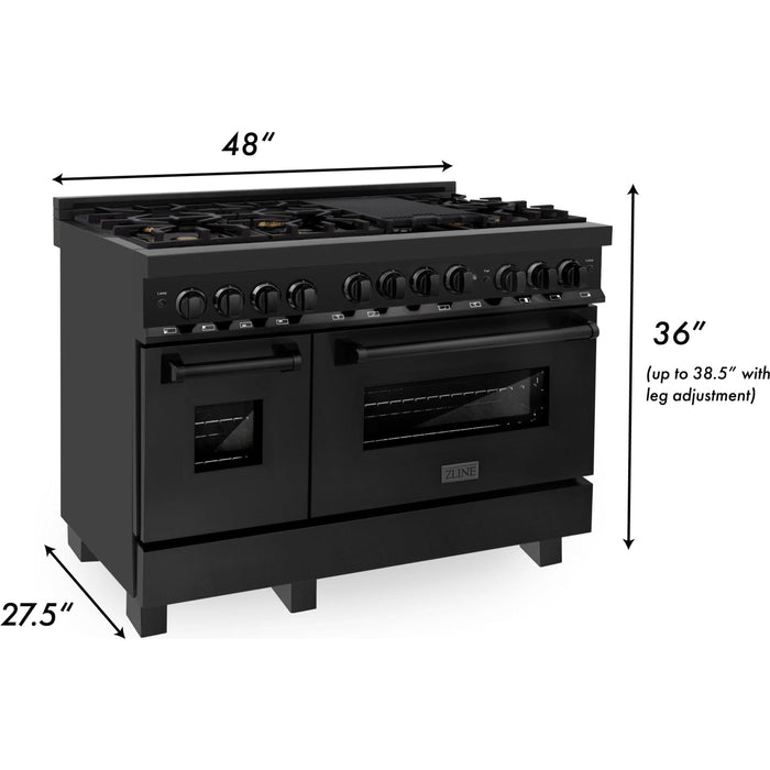 ZLINE Appliance Bundle - 48 In. Gas Range, Refrigerator, Range Hood, Microwave Drawer in Black Stainless Steel, Bundle-4KPR-RGBRH48-MW