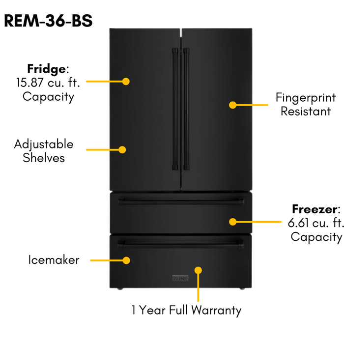 ZLINE Appliance Bundle - 48 In. Gas Range, Refrigerator, Range Hood, Microwave Drawer in Black Stainless Steel, Bundle-4KPR-RGBRH48-MW