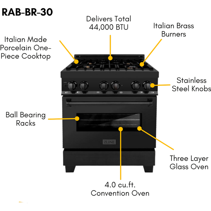 ZLINE Appliance Package - 30 in. Dual Fuel Range, Microwave, Refrigerator in Black Stainless, 3KPR-RABOTRH30