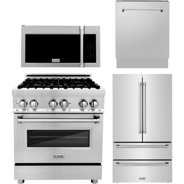 ZLINE Appliance Package - 30 in. Dual Fuel Range, Over-the-Range Microwave, 3 Rack Dishwasher, Refrigerator, 4KPR-RAOTRH30-DWV