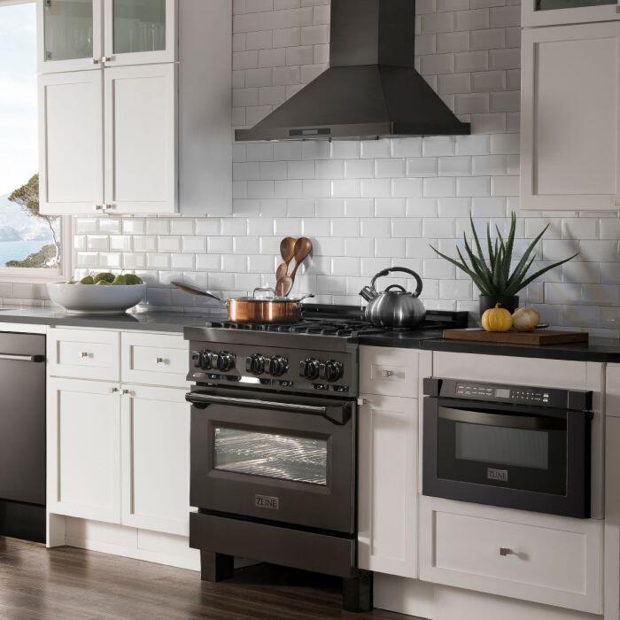 ZLINE Appliance Package - 30 In. Dual Fuel Range, Range Hood, Dishwasher in Black Stainless Steel, 3KP-RABRH30-DWV