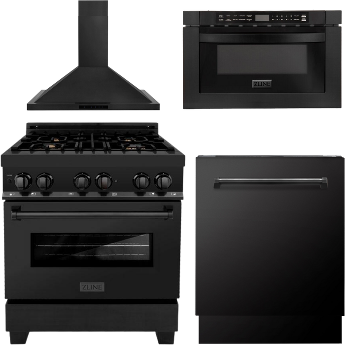 ZLINE Appliance Package - 30 In. Dual Fuel Range, Range Hood, Microwave and Dishwasher in Black Stainless Steel, 4KP-RABRH30-MWDWV