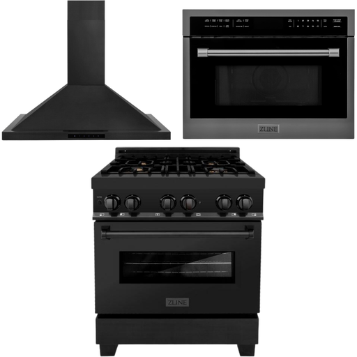 ZLINE Appliance Package - 30 In. Dual Fuel Range, Range Hood, Microwave Oven in Black Stainless Steel, 3KP-RABRHMWO-30