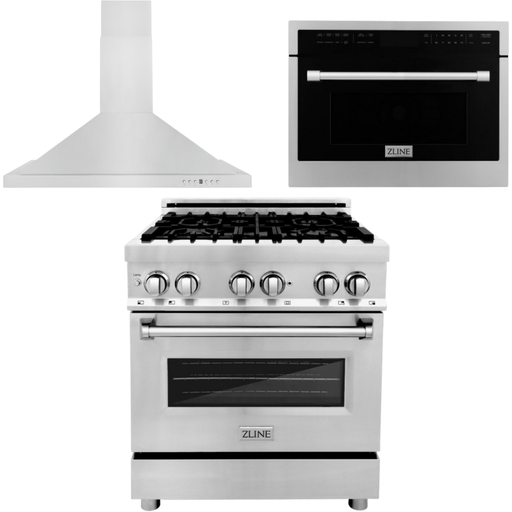 ZLINE Appliance Package - 30 In. Dual Fuel Range, Range Hood, Microwave Oven in Stainless Steel, 3KP-RARHMWO-30