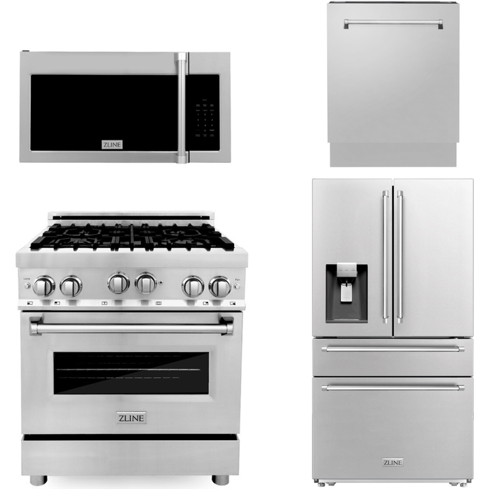 ZLINE Appliance Package - 30 In. Dual Fuel Range, Refrigerator with Water and Ice Dispenser, Microwave and Dishwasher in Stainless Steel, 4KPRW-RAOTRH30-DWV