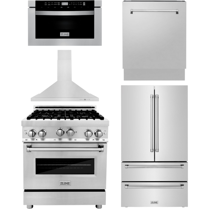 ZLINE Appliance Package - 30 in. Gas Range, 30 in. Range Hood, Microwave Drawer, 3 Rack Dishwasher, Refrigerator, 5KPR-RGRH30-MWDWV