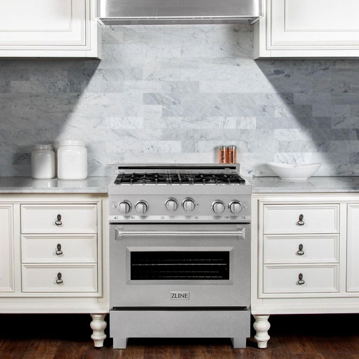 ZLINE Appliance Package - 30 In. Gas Range and Over the Range Microwave in DuraSnow® Stainless Steel, 2KP-RGSOTRH30