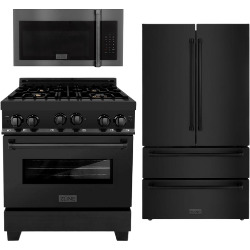 ZLINE Appliance Package - 30 in. Gas Range, Microwave, Refrigerator in Black Stainless, 3KPR-RGBOTRH30