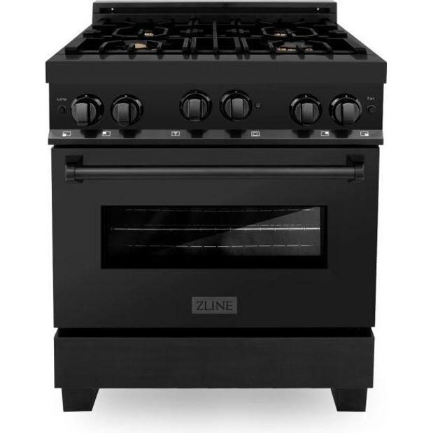 ZLINE Appliance Package - 30 in. Gas Range, Microwave, Refrigerator in Black Stainless, 3KPR-RGBOTRH30