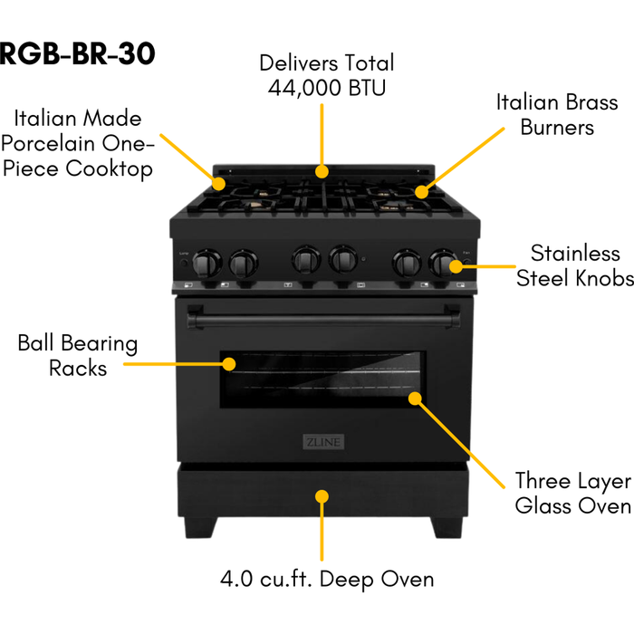 ZLINE Appliance Package - 30 in. Gas Range, Microwave, Refrigerator in Black Stainless, 3KPR-RGBOTRH30