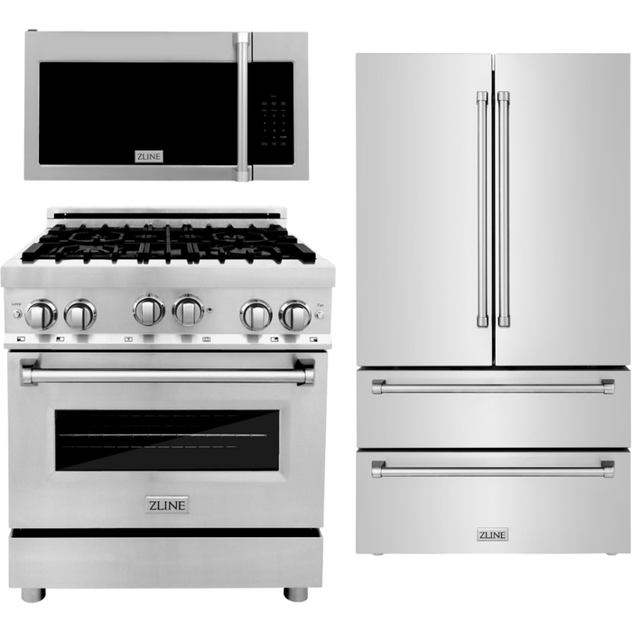 ZLINE Appliance Package - 30 in. Gas Range, Over-the-Range Microwave, Refrigerator, 3KPR-RGOTRH30