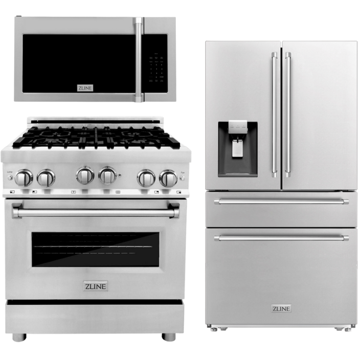 ZLINE Appliance Package - 30 In. Gas Range, Over-the-Range Microwave, Refrigerator, 3KPRW-RGOTRH30