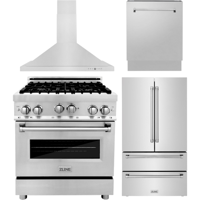 ZLINE Appliance Package - 30 in. Gas Range, Range Hood, 3 Rack Dishwasher, Refrigerator, 4KPR-RGRH30-DWV