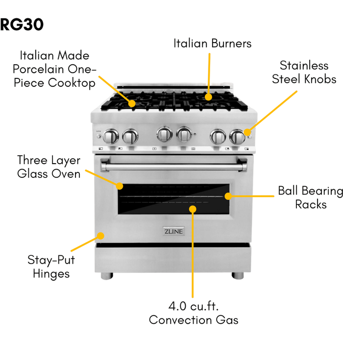 ZLINE Appliance Package - 30 in. Gas Range, Range Hood, 3 Rack Dishwasher, Refrigerator, 4KPR-RGRH30-DWV