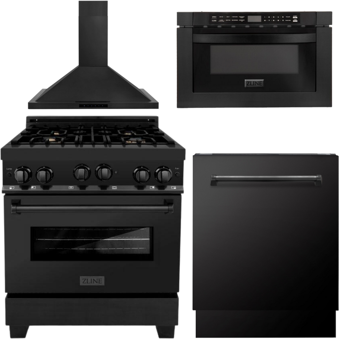 ZLINE Appliance Package - 30 In. Gas Range, Range Hood, Microwave and Dishwasher in Black Stainless Steel, 4KP-RGBRH30-MWDWV