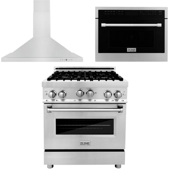 ZLINE Appliance Package - 30 In. Gas Range, Range Hood, Microwave Oven in Stainless Steel, 3KP-RGRHMWO-30