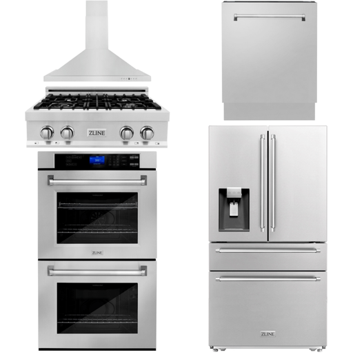 ZLINE Appliance Package - 30 In. Gas Rangetop, Range Hood, Refrigerator with Water and Ice Dispenser, Dishwasher and Double Wall Oven in Stainless Steel, 5KPRW-RTRH30-AWDDWV