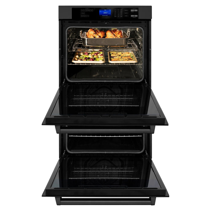 ZLINE Appliance Package - 30 in. Professional Double Wall Oven, 30 in. Rangetop, Over The Range Convection Microwave With Modern Handle In Black Stainless Steel, 3KP-RTBOTR30-AWD