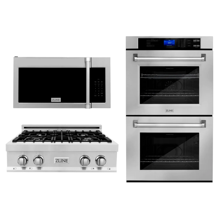 ZLINE Appliance Package - 30 in. Professional Double Wall Oven, 30 in. Rangetop, Over The Range Convection Microwave With Traditional Handle In Stainless Steel, 3KP-RTOTRH30-AWD