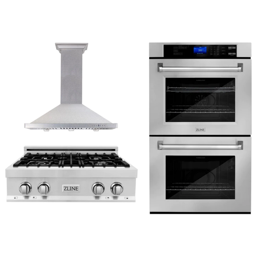 ZLINE Appliance Package - 30 in. Professional Double Wall Oven, 30 in. Rangetop, Range Hood In DuraSnow® Stainless Steel, 3KP-RTSRH30-AWD