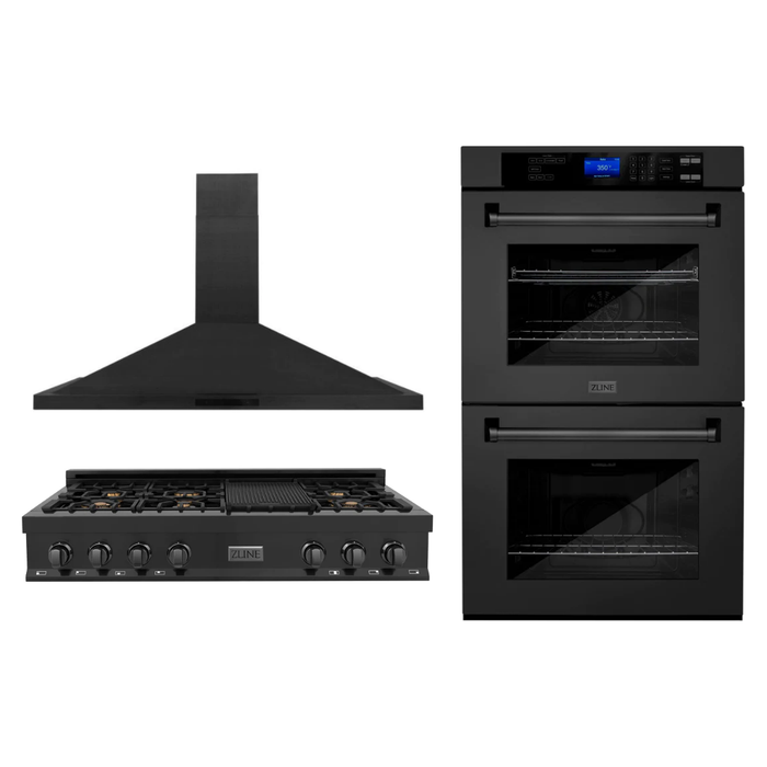 ZLINE Appliance Package - 30 in. Professional Double Wall Oven, 48 in. Rangetop, Range Hood In Black Stainless Steel, 3KP-RTBRH48-AWD