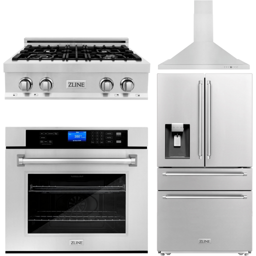 ZLINE Appliance Package - 30 In. Rangetop, Range Hood, Refrigerator with Water and Ice Dispenser and Wall Oven in Stainless Steel, 4KPRW-RTRH30-AWS