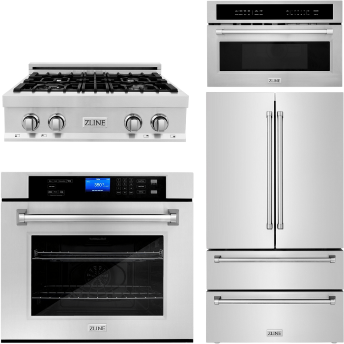 ZLINE Appliance Package - 30 In. Rangetop, Wall Oven, Refrigerator and Microwave Oven in Stainless Steel, 4KPR-RT30-MWAWS