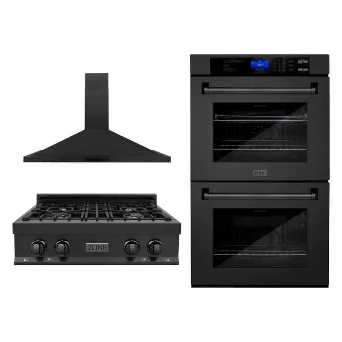 ZLINE Appliance Package - 30" Professional Double Wall Oven, 30" Rangetop, Range Hood In Black Stainless Steel, 3KP-RTBRH30-AWD