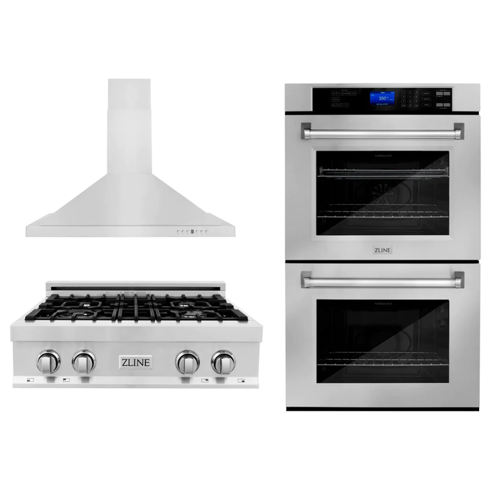 ZLINE Appliance Package - 30" Professional Double Wall Oven, 30" Rangetop, Range Hood In Stainless Steel, 3KP-RTRH30-AWD