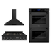 ZLINE Appliance Package - 30" Professional Double Wall Oven, 36" Rangetop, Range Hood In Black Stainless Steel, 3KP-RTBRH36-AWD