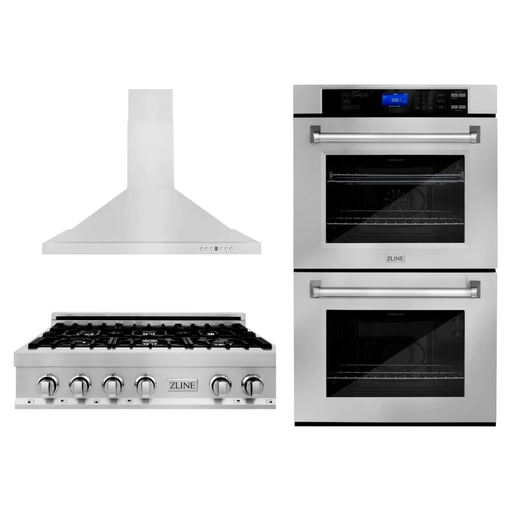 ZLINE Appliance Package - 30" Professional Double Wall Oven, 36" Rangetop, Range Hood In Stainless Steel, 3KP-RTRH36-AWD