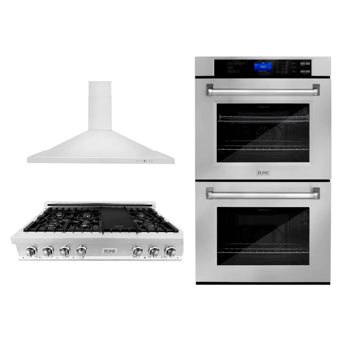 ZLINE Appliance Package - 30" Professional Double Wall Oven, 48" Rangetop, Range Hood In Stainless Steel, 3KP-RTRH48-AWD