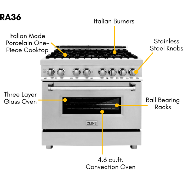 ZLINE Appliance Package - 36 in. Dual Fuel Range, Range Hood, 3 Rack Dishwasher, Refrigerator, 4KPR-RARH36-DWV