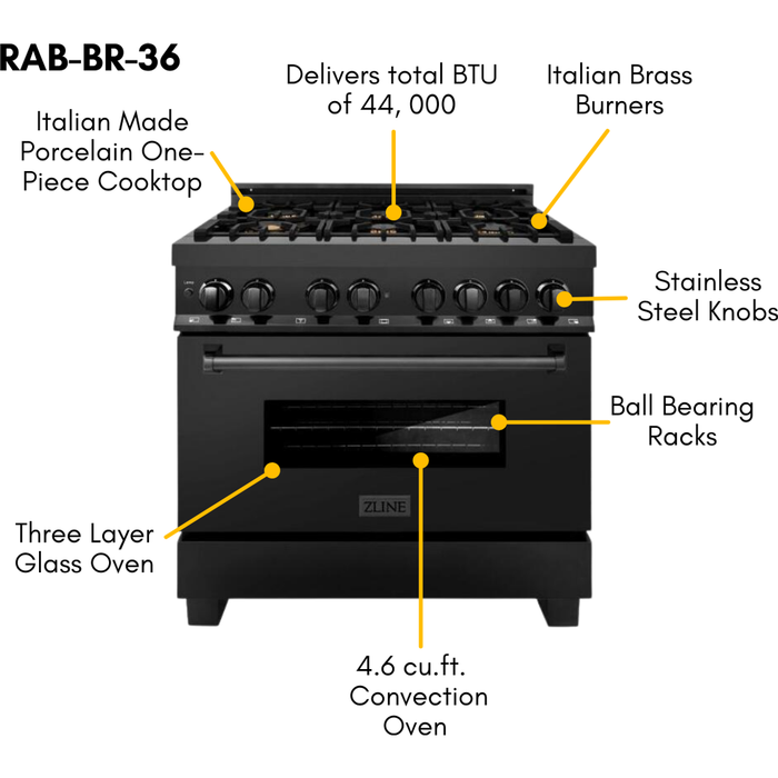 ZLINE Appliance Package - 36 In. Dual Fuel Range, Range Hood, Dishwasher in Black Stainless Steel, 3KP-RABRH36-DWV