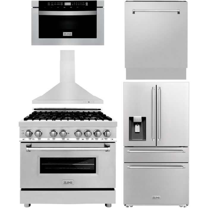 ZLINE Appliance Package - 36 In. Dual Fuel Range, Range Hood, Microwave Drawer, Dishwasher, Refrigerator with Water and Ice Dispenser, 5KPRW-RARH36-MWDWV