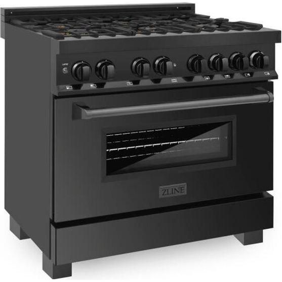 ZLINE Appliance Package - 36 In. Dual Fuel Range with Brass Burners, Range Hood, Microwave Oven in Black Stainless Steel, 3KP-RABRHMWO-36